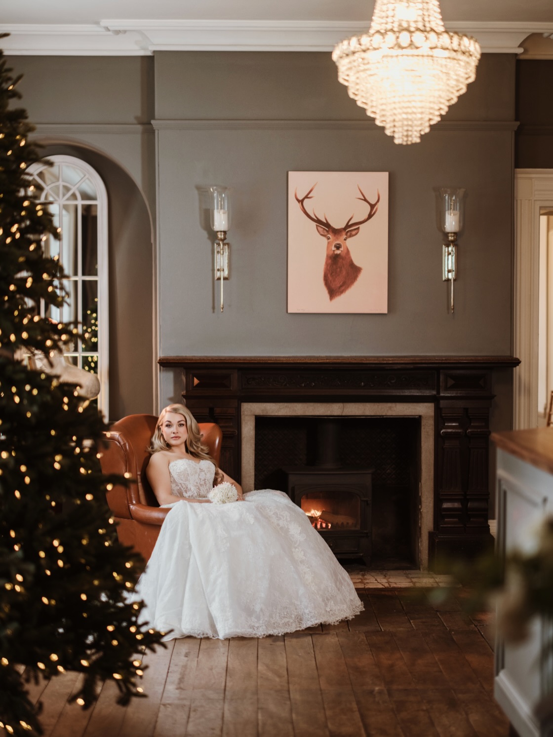 The drawing room dressed with fires lit at Glewstone Court